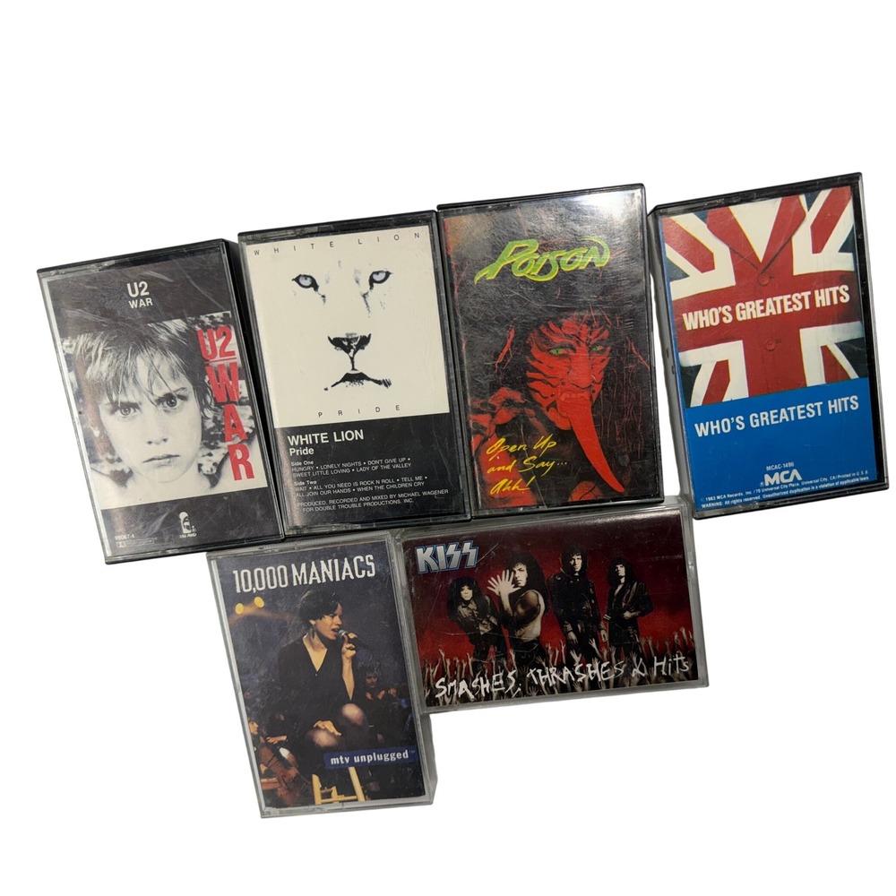 Lot of 6 Cassette Tapes U2 Poison Kiss White Lion 10000 Maniacs The Who Rock Pop